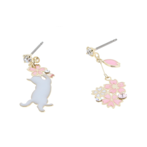 Cat and sakura motif earrings (titanium post)